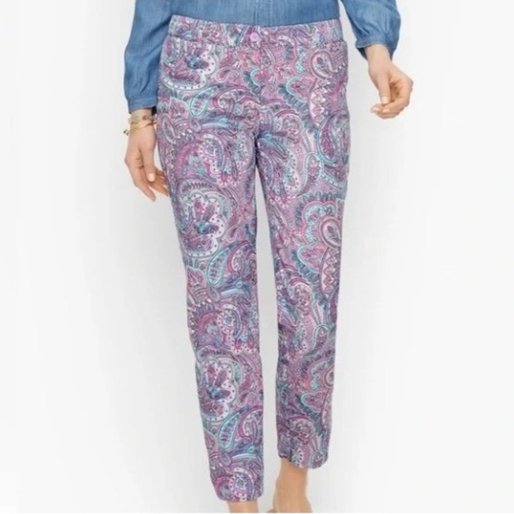 Talbots Pants Womens 10P Purple Paisley Flat Front The Perfect Crop Straight Leg